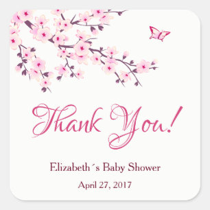 Sticker Carré Baby shower blanc rose fleurs de cerisier