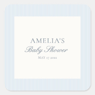 Sticker Carré Baby Shower Bleu Blanc Rayé Classique Élégant