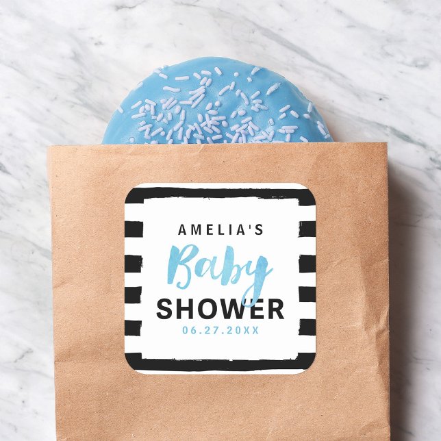Sticker Carré Baby shower Bleu chic noir & blanc rayures (Créateur téléchargé)