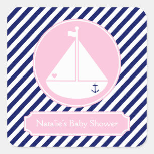 Sticker Carré Baby shower bleu et rose de voilier