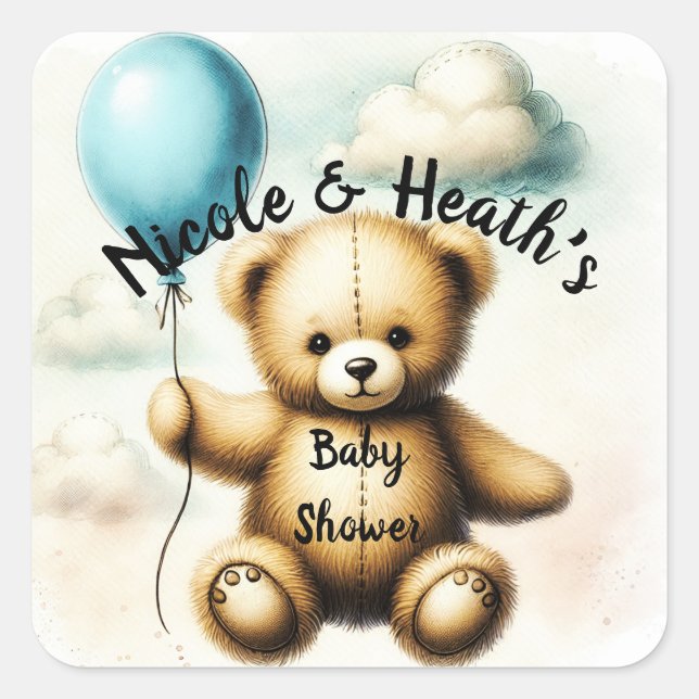 Sticker Carré Baby shower Bleu Ours Teddy (Devant)