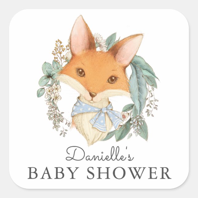Sticker Carré Baby shower bleu vintage Woodland Fox (Devant)