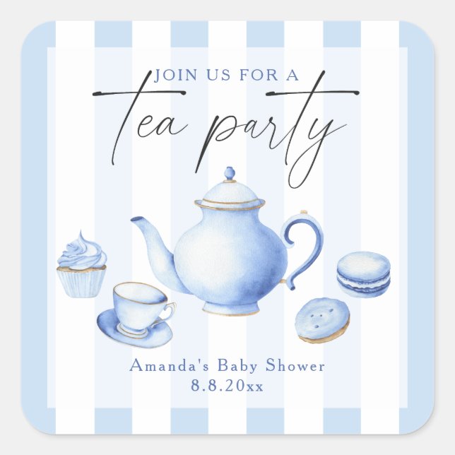Sticker Carré Baby shower Blue Tea Party (Devant)