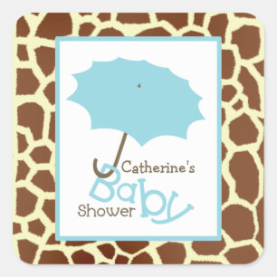 Sticker Carré Baby shower Blue Umbrella & Giraffe Imprimer