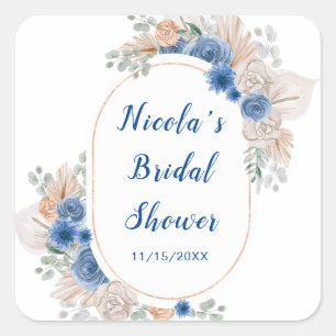 Sticker Carré Baby Shower Bohème Bleu Herbe de Pampas
