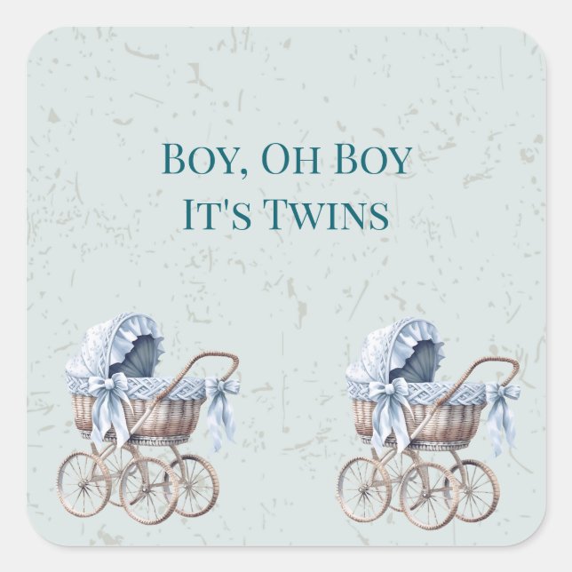 Sticker Carré Baby shower Boho Blue Prams Twin Boys (Devant)