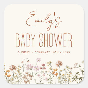 Sticker Carré Baby shower Boho Fleur sauvage En Terracotta En Fl