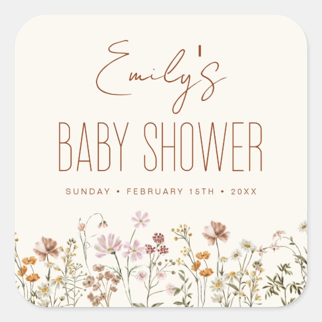 Sticker Carré Baby shower Boho Fleur sauvage En Terracotta En Fl (Devant)