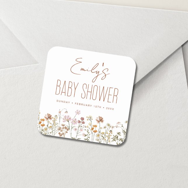 Sticker Carré Baby shower Boho Fleur sauvage En Terracotta En Fl (Créateur téléchargé)