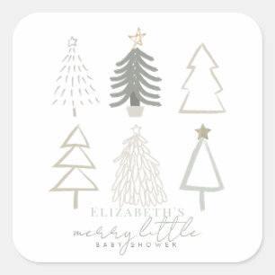 Sticker Carré Baby shower Boho Green Christmas Trees