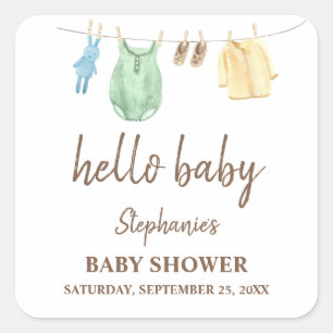 Sticker Carré Baby shower Boho Vêtements Ligne Bonjour bébé