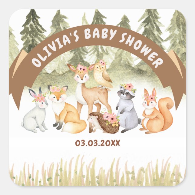 Sticker Carré Baby shower Brown Et Vert Des Animaux De Bois (Devant)