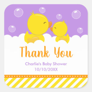 Sticker Carré Baby Shower Canard en Caoutchouc Jaune Violet Merc