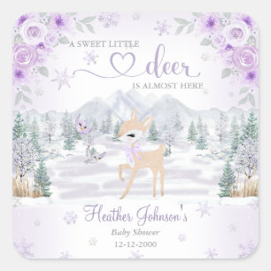 Sticker Carré Baby Shower Cerf Violet Flocon de Neige Hiver