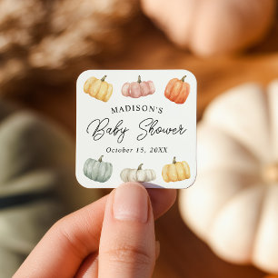 Sticker Carré Baby Shower Champêtre Aquarelle Citrouille