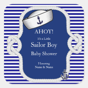 Sticker Carré Baby Shower Chapeau de Marin Garçon Rayure Bleue