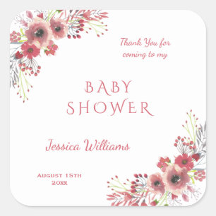 Sticker Carré Baby-Shower Chic et Élégant Fleurs Rouges Aquarell