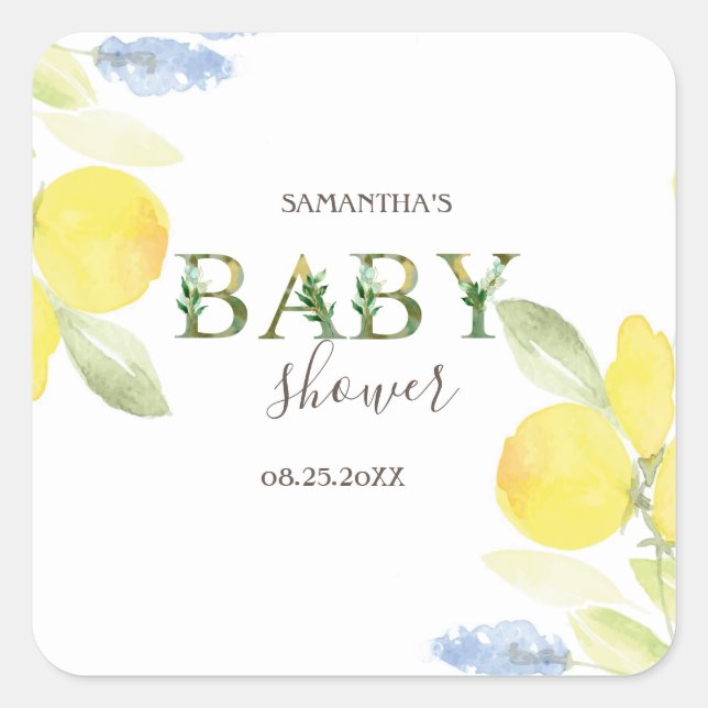 Sticker Carré Baby-Shower Citrons Aquarelle   (Devant)