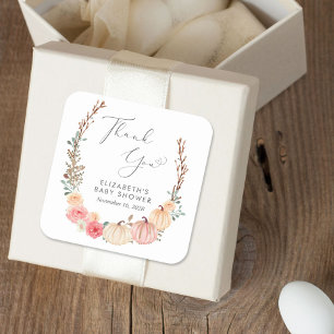 Sticker Carré Baby shower citrouille d'aquarelle Florale Merci