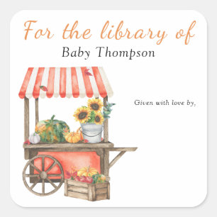 Sticker Carré Baby shower citrouille - ex-libris pour la bibliot