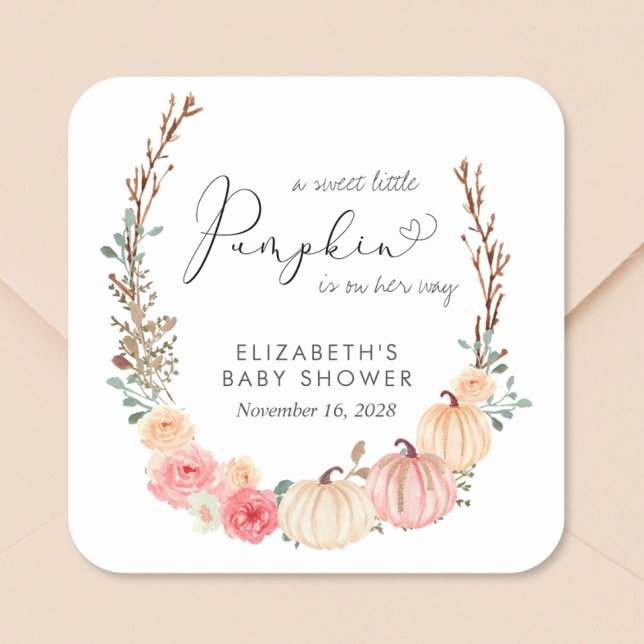 Sticker Carré Baby shower citrouille Floral Watercolor Girl (Créateur téléchargé)