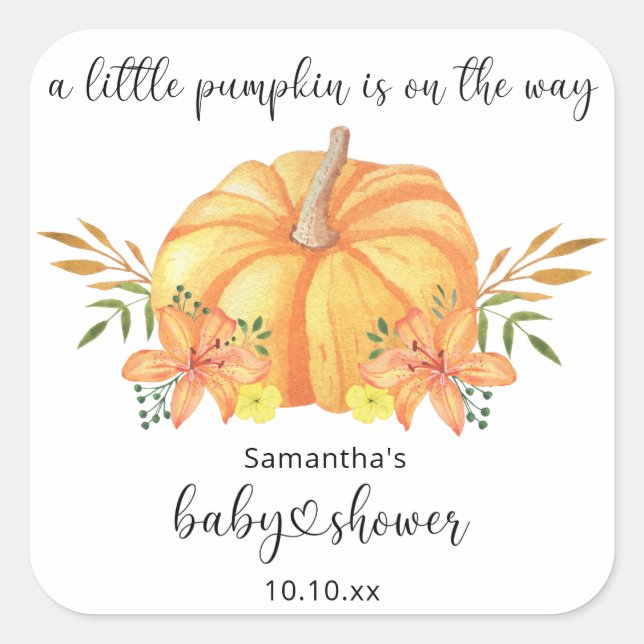 Sticker Carré Baby shower Citrouille orange aquarelle (Devant)