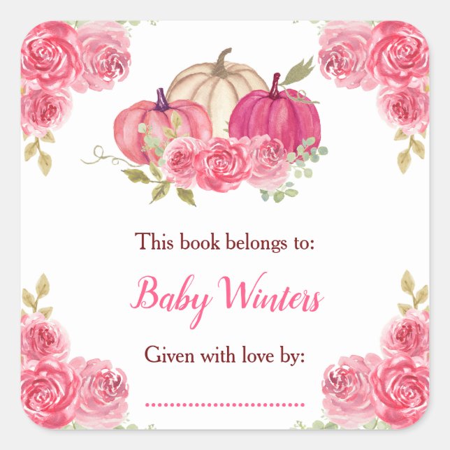Sticker Carré Baby Shower Citrouilles Fleuris Rose Chaud (Devant)