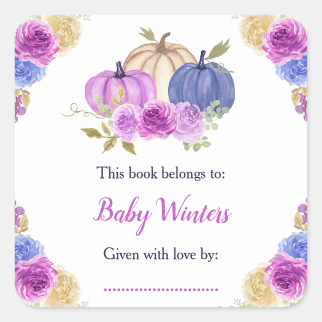 Sticker Carré Baby Shower Citrouilles Fleuris Violet et Bleu Mar (Devant)