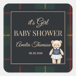 Sticker Carré Baby Shower Classique Ours en Peluche Polo Carreau