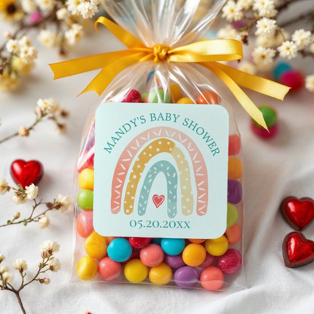 Sticker Carré Baby shower coloré Rainbow & Heart Boy (Colourful Rainbow & Heart Boy Baby Shower Square Sticker)