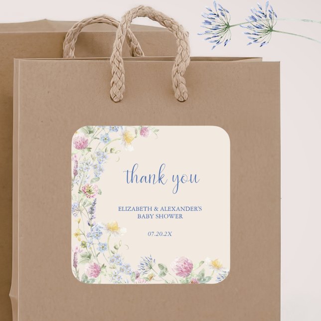 Sticker Carré Baby Shower Couple Fleur Sauvage (Créateur téléchargé)