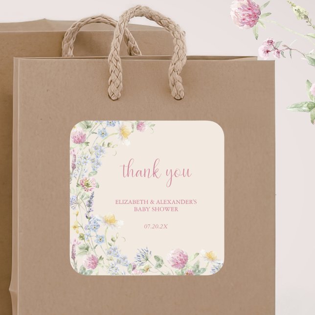 Sticker Carré Baby Shower Couple Fleur Sauvage (Créateur téléchargé)