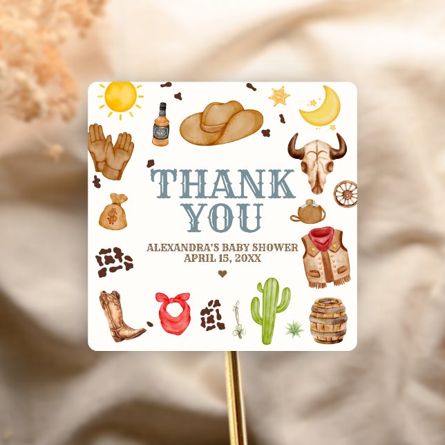 Sticker Carré Baby Shower Cow-boy du Far West (Cowboy Western Rodeo Ranch Baby Shower Sticker)