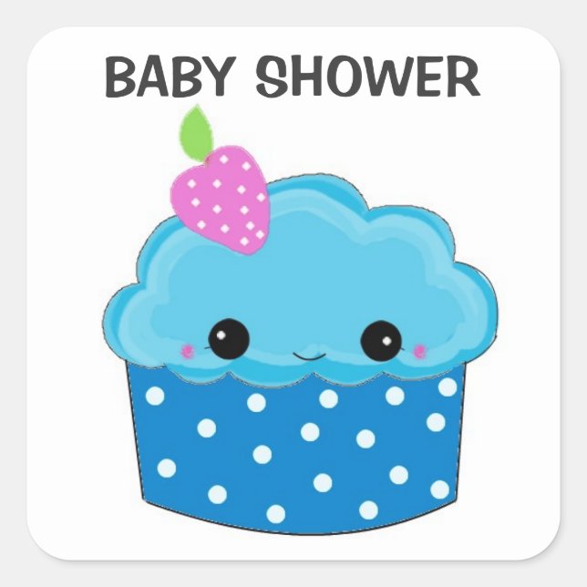 Sticker Carré Baby Shower Cupcake Bleu (Devant)