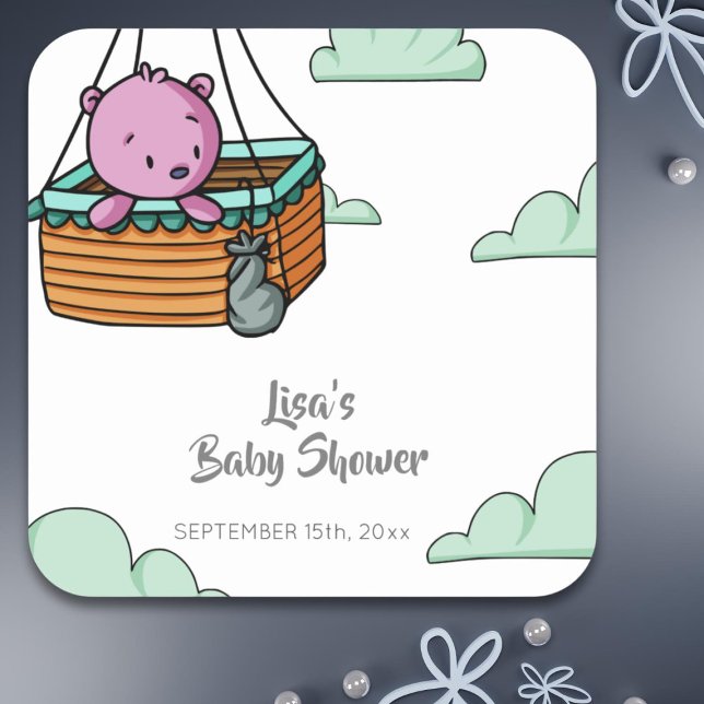 Sticker Carré Baby shower Cute Rose Bear Cub (Créateur téléchargé)
