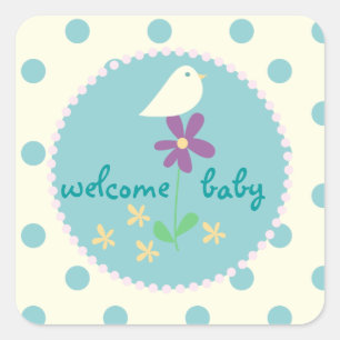 Sticker Carré Baby shower d'accueil Bleu point Oiseau blanc