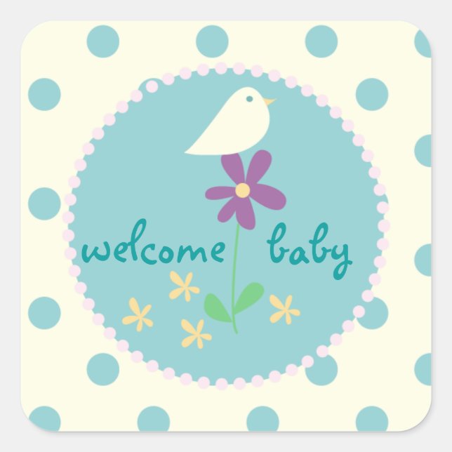 Sticker Carré Baby shower d'accueil Bleu point Oiseau blanc (Devant)