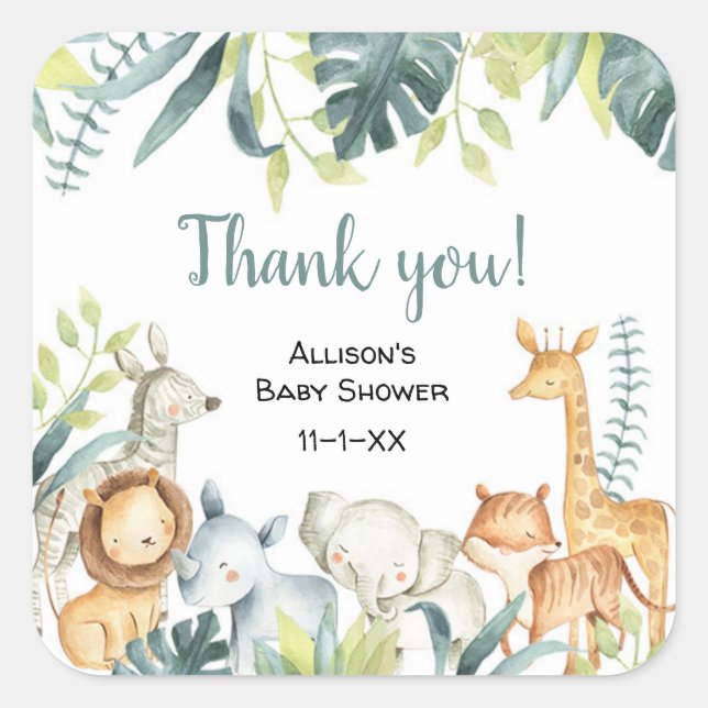 Sticker Carré Baby shower d'animaux safari aquarelle (Devant)
