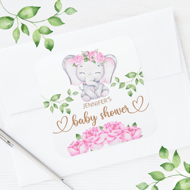 Sticker Carré Baby shower d'aquarelle à l'éléphant et aux fleurs (Créateur téléchargé)