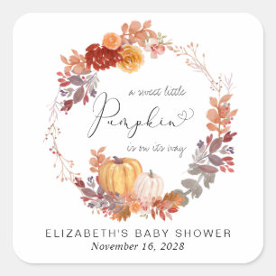 Sticker Carré Baby shower d'aquarelle Citrouille en terre cuite
