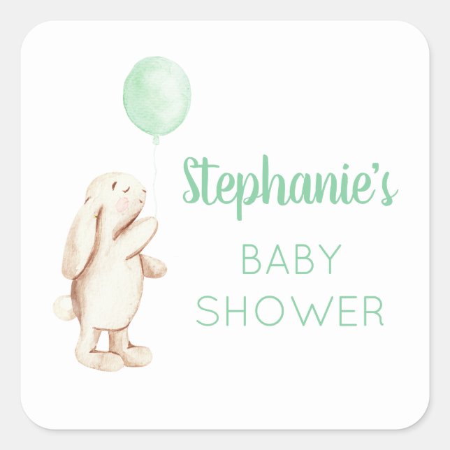 Sticker Carré Baby shower d'aquarelle de lapin mignon et de ball (Devant)