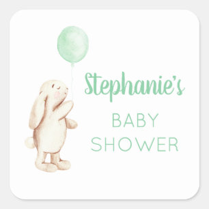 Sticker Carré Baby shower d'aquarelle de lapin mignon et de ball