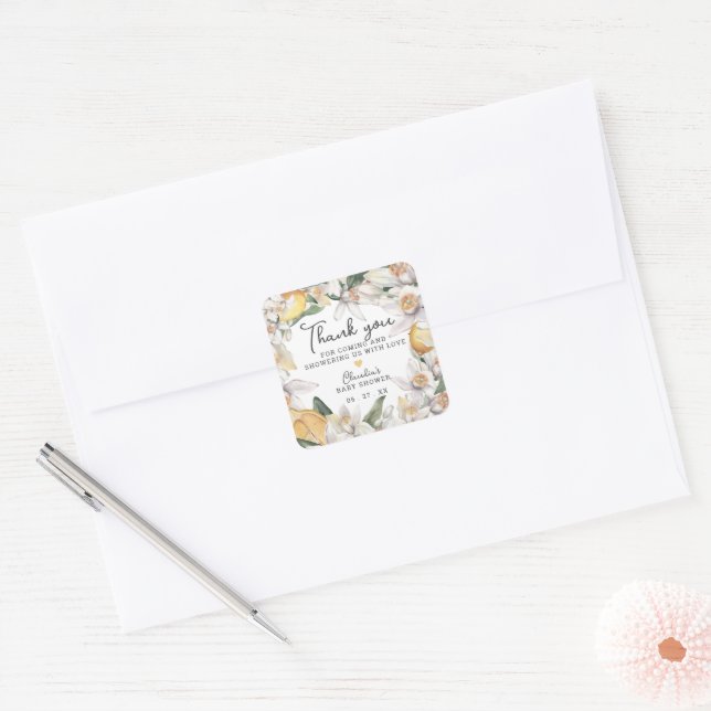 Sticker Carré Baby shower d'aquarelle florale Citrus Lemon (Enveloppe)