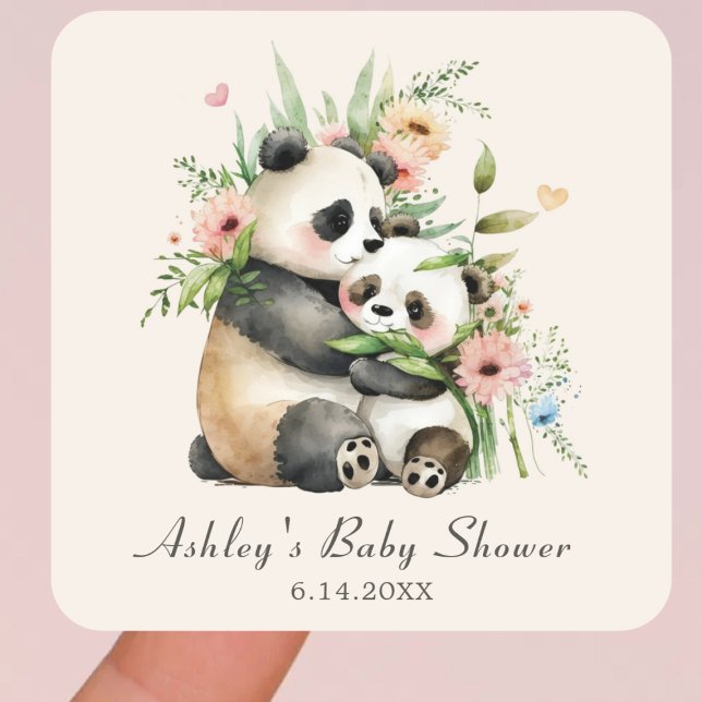 Sticker Carré Baby shower d'aquarelle mignonne Fleurs et ours (Créateur téléchargé)