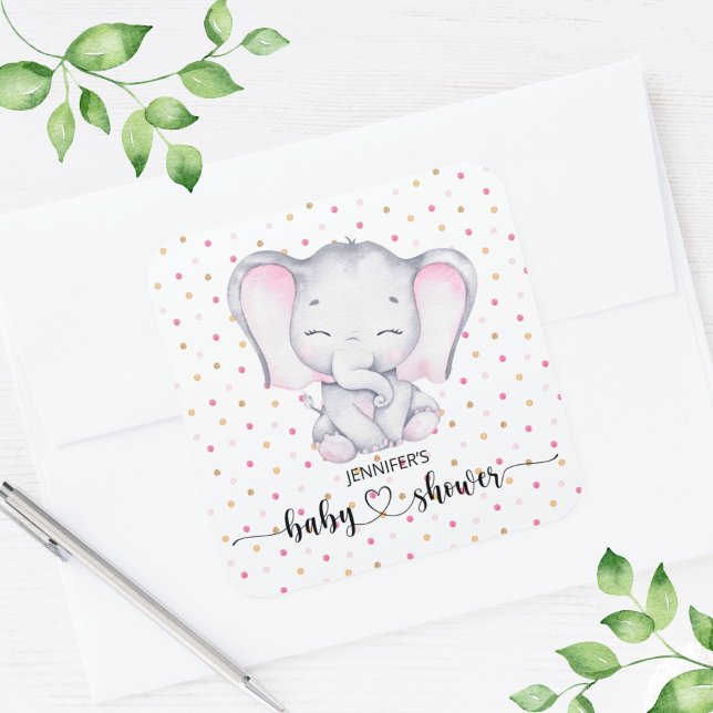 Sticker Carré Baby shower d'aquarelle rose éléphant (Créateur téléchargé)