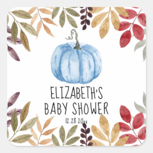 Sticker Carré Baby shower d'automne Citrouille bleu