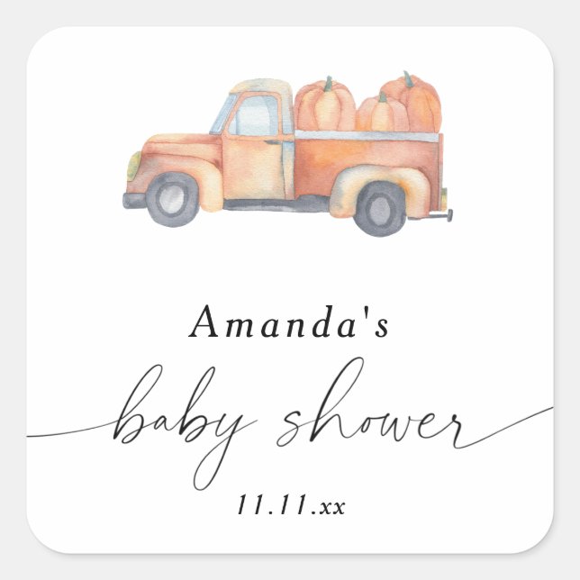 Sticker Carré Baby shower d'automne citrouille de camion (Devant)