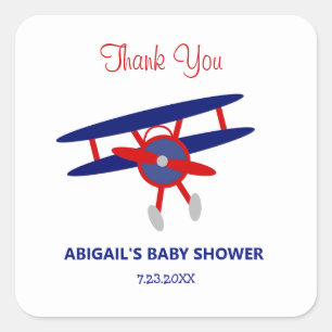 Sticker Carré Baby shower d'avion rouge et bleu