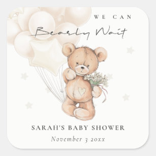 Sticker Carré Baby shower de ballon d'ours d'attente à l'ivoire 