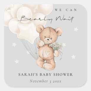 Sticker Carré Baby shower de ballon d'ours d'attente à l'ivoire 